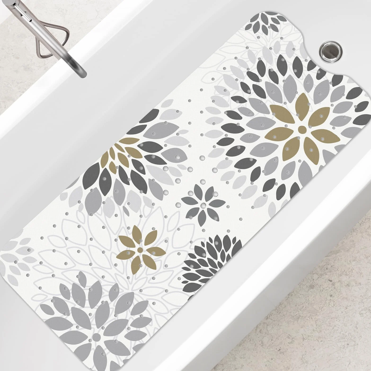 Tapis de Bain Antidérapant 100 x 40cm, SHUCHING, Lavable en Machine et Résistant à la Moisissure, Sans BPA, Fleurs Grises