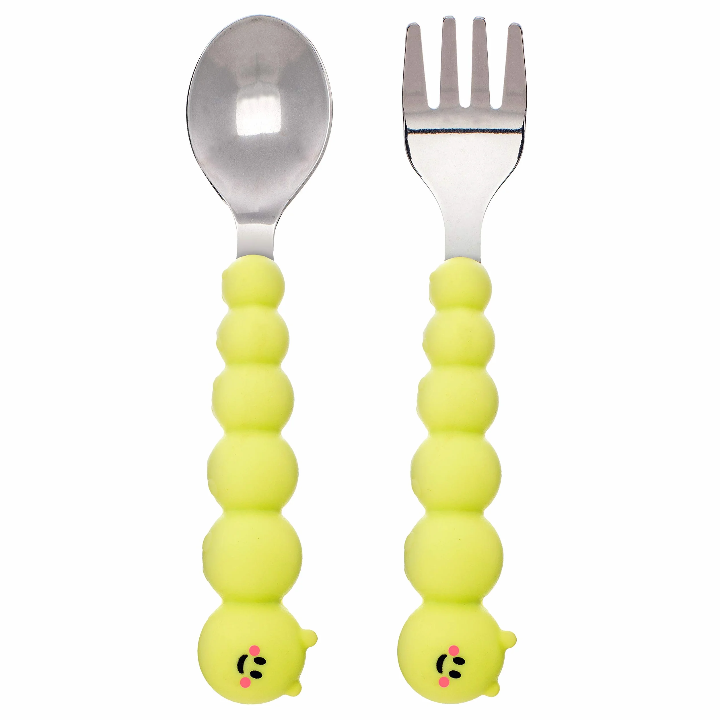 Melii Caterpillar Ustensiles Cuillère et Fourchette pour Enfants, Silicone et Acier Inoxydable