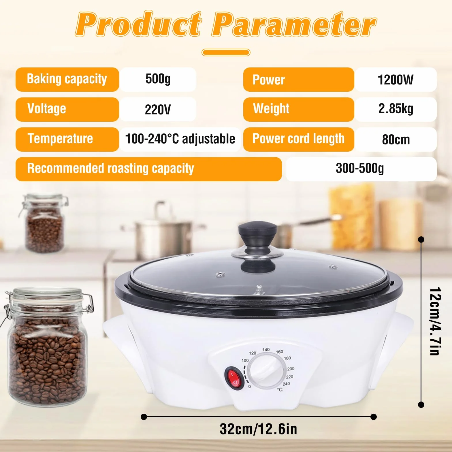 Torréfacteur de Café 500g 0-240℃ avec Minuterie 1200W