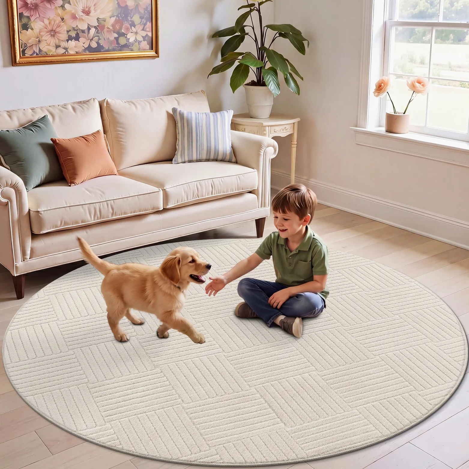Homdeco Tapis rond doux et moelleux pour salon, tapis d'intérieur moderne, antidérapant et antidérapant pour salon, chambre d'enfant et salle à manger, 160 cm, beige