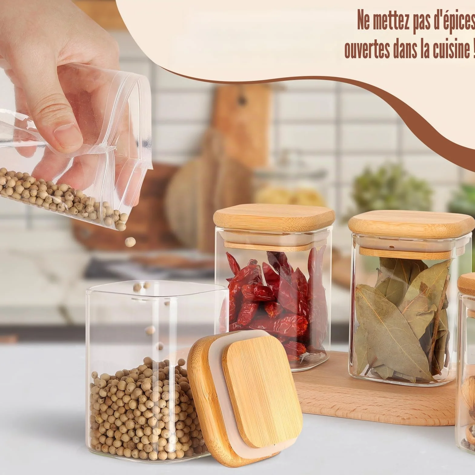 Lot de 12 Pots à Épices Carrés 200 ml Hermétiques avec Couvercle en Bois Verre