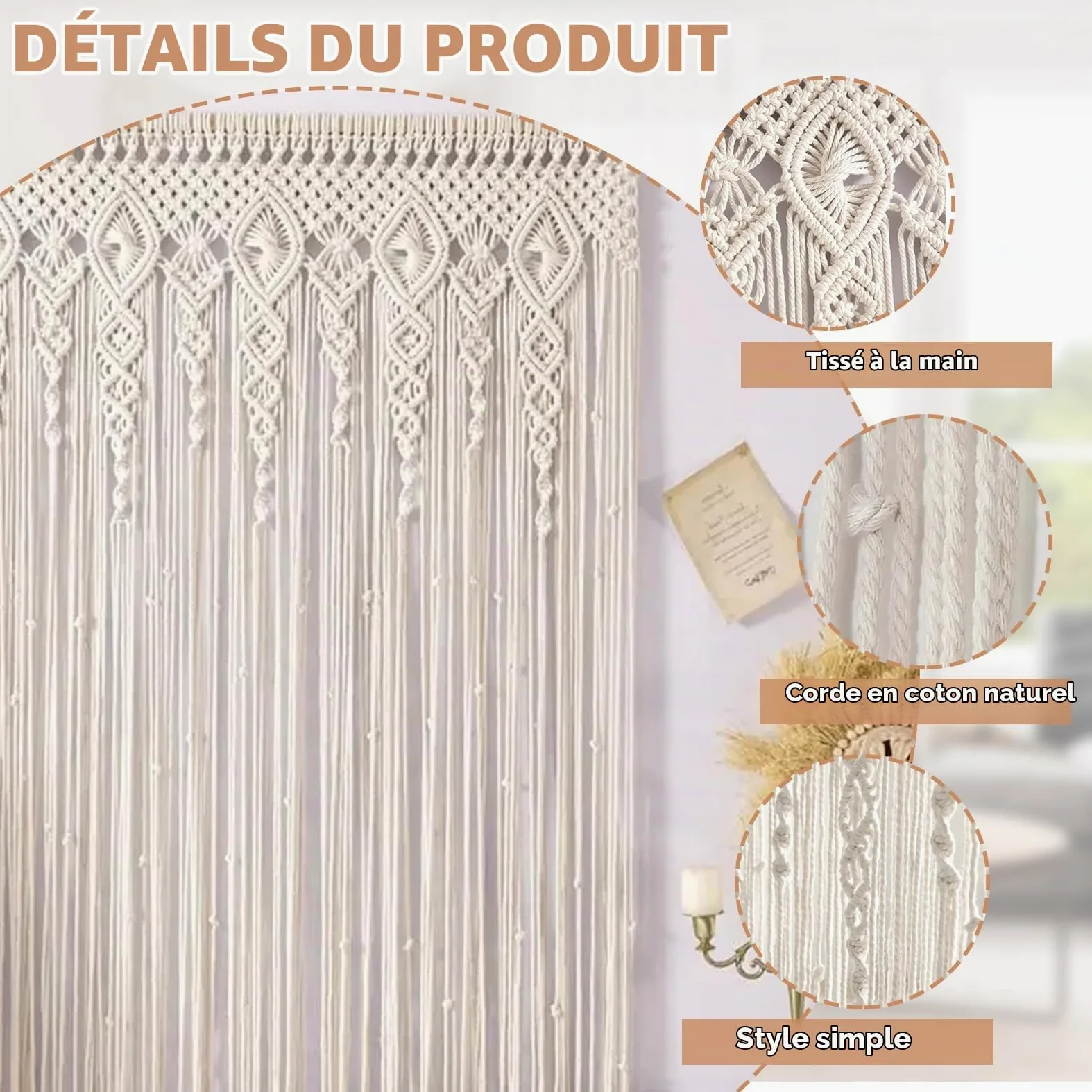 Rideau de porte en macramé, rideau de porte bohème, tapisserie en macramé tissé à la main, rideau à fils pour séparation de pièce, fond de mariage, décoration intérieure (90 x 180 cm)