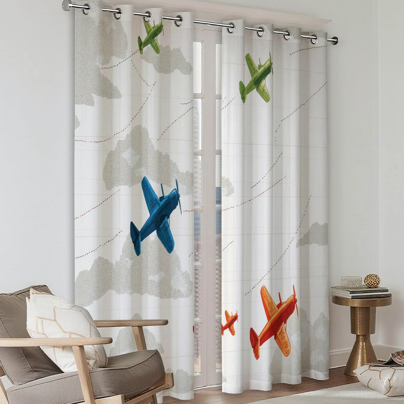 Rideau Occultant Isolants Thermiques À Oeillets Transport Avion Nuages, 110 x 215 cm Lot de 2 Rideaux Thermiques Isolants Anti Froid Imprimé pour Salon Chambre Bebe Enfant, Beige