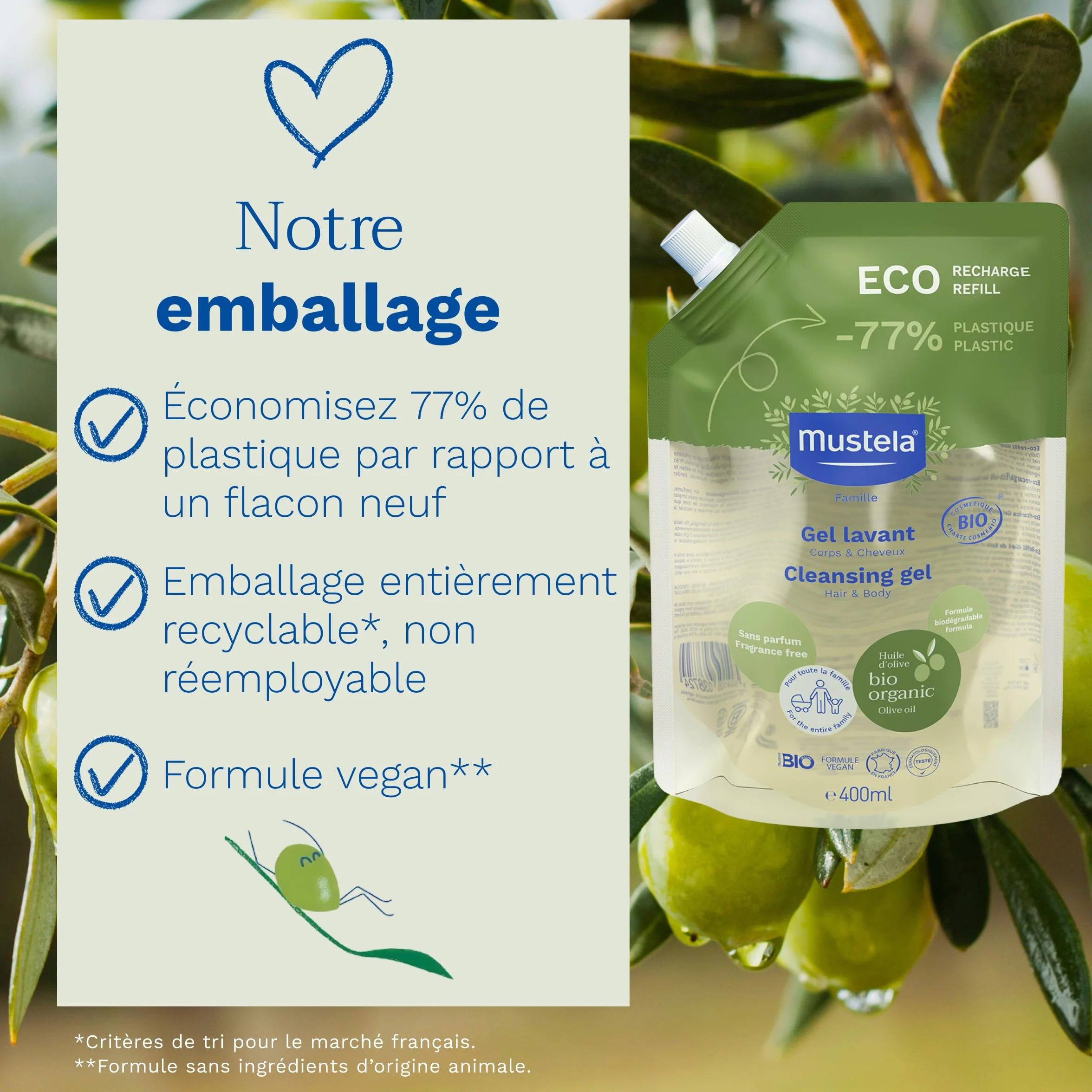 Mustela Gel Lavant Bébé Eco-Recharge Vegan Nettoyage Doux Huile d'Olive Bio 97% d'ingrédients d'origine naturelle