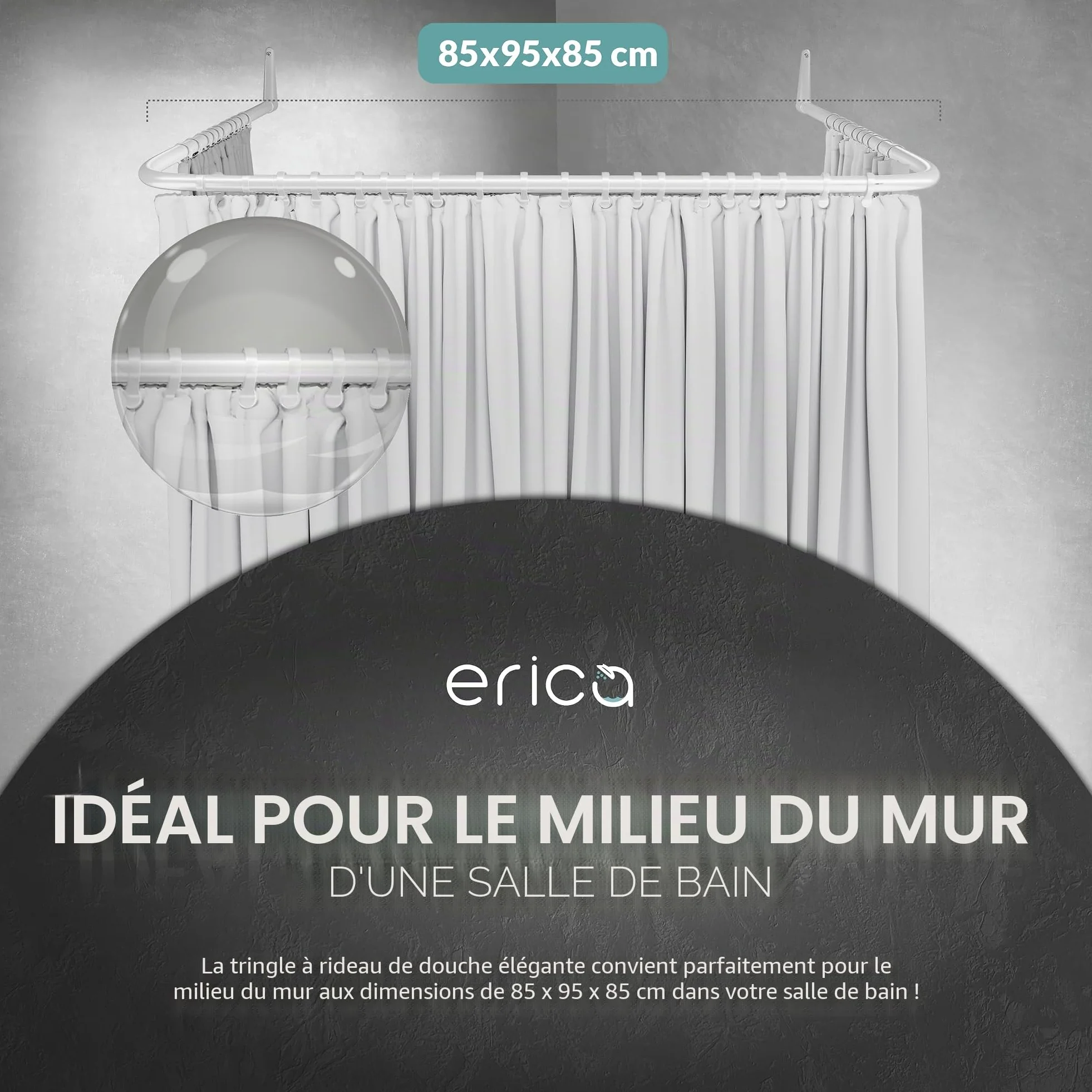 Erica Tringles de Rideau de Douche en U - 85x95x85 cm, Barre de Rideau de Douche Murale sans Fixation au Plafond - Revêtement Plastique sans PVC, Tringle de Douche 100% Inoxydable. Blanc.