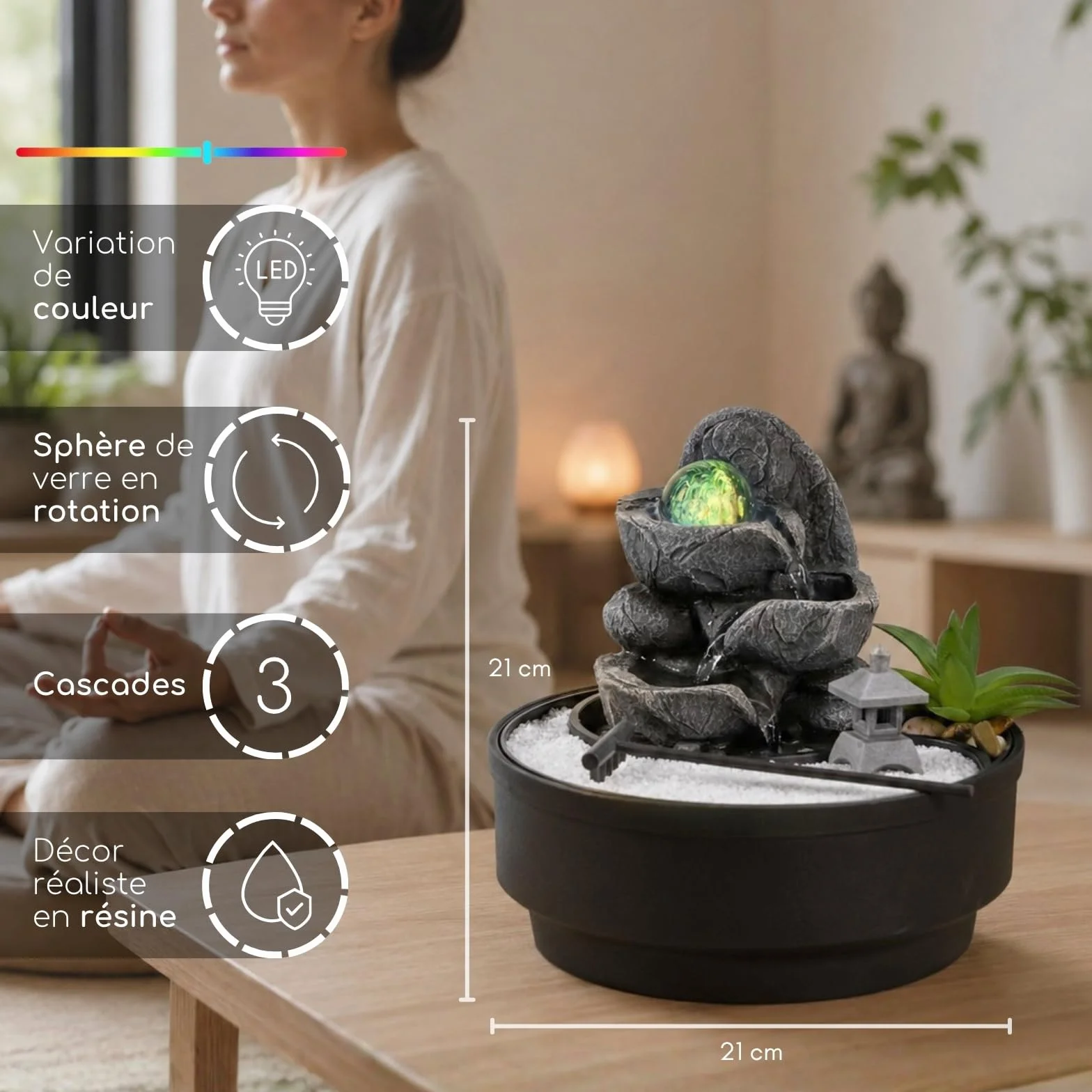 Fontaine d'Intérieur Jardin Zen, Boule de Verre Lumineuse LED Coloré, Circuit Fermé H21 cm