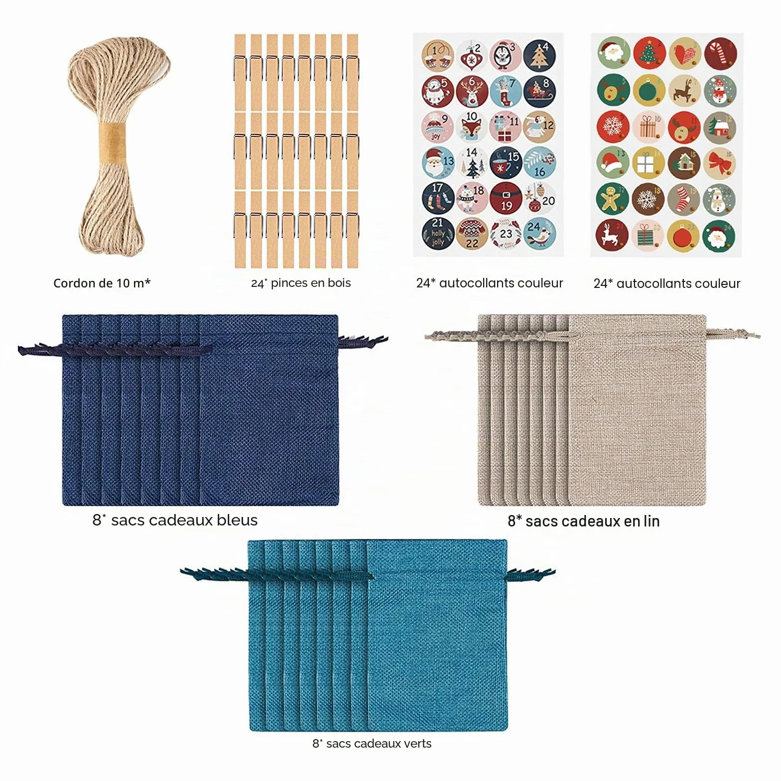 Calendriers de l'Avent à remplir 24 sacs en tissu, pinces en bois, corde de chanvre Lin/Vert/Bleu