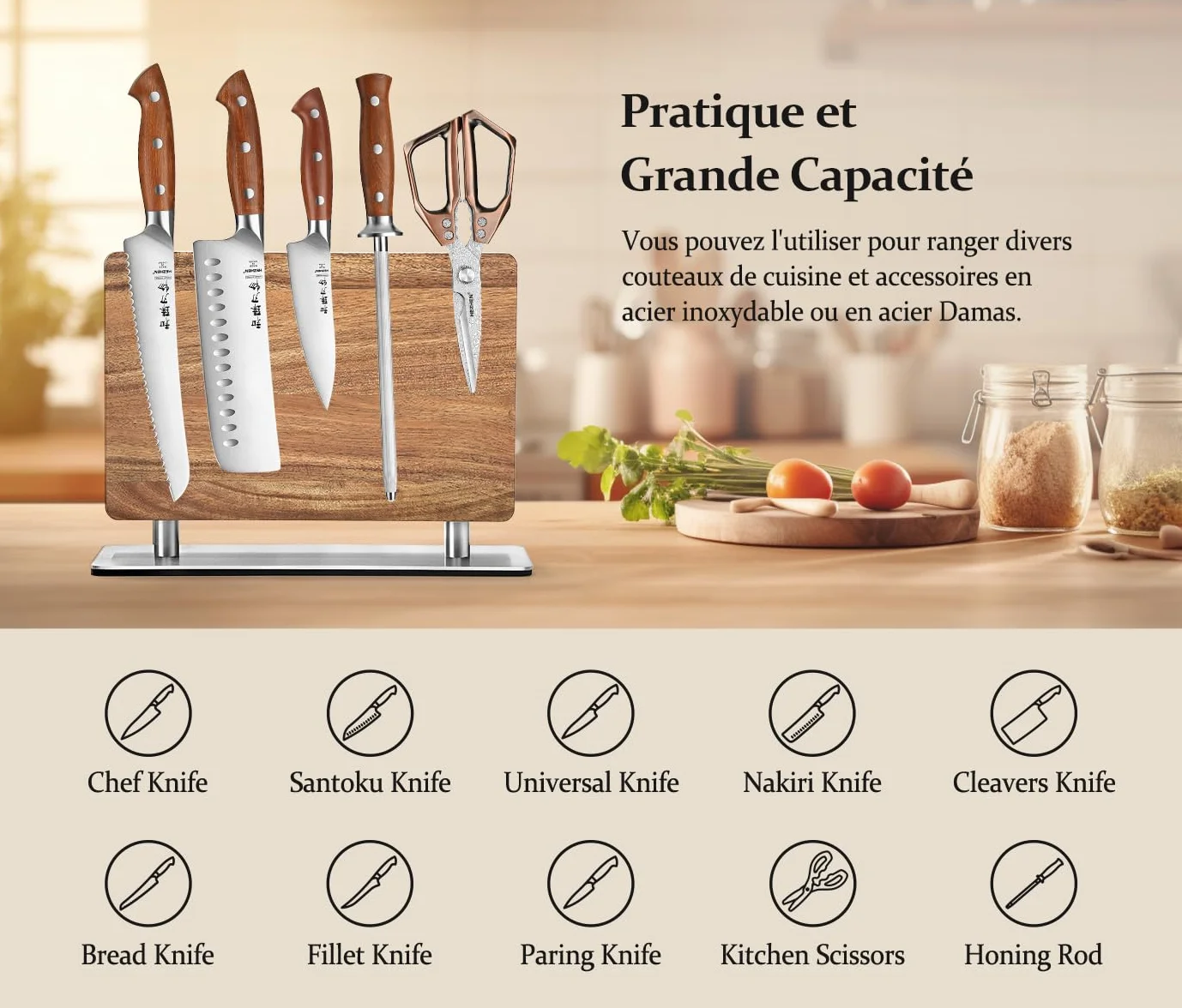 HEZHEN Bloc de Couteaux Magnétique, Porte-couteau en Bois d'Acacia, Aimanté Double Face
