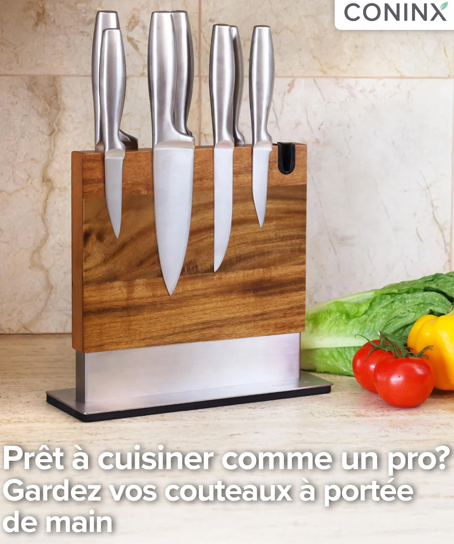 Coninx Bloc à Couteaux Magnétique avec Aiguiseur intégré – Porte-couteaux Aimanté Double Face en Bois d’Acacia