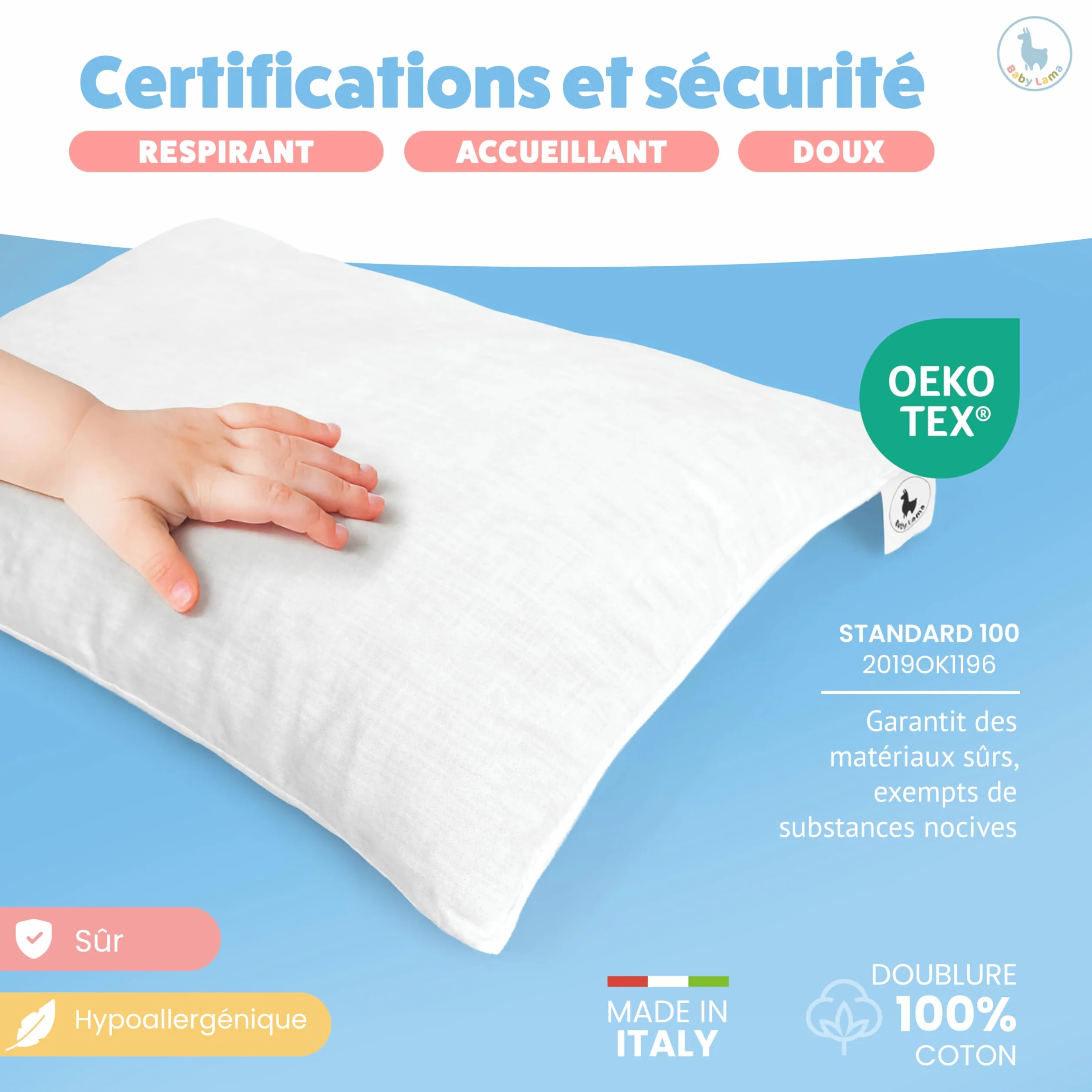 Oreiller Enfant 40x60 cm 100% Coton Oeko-Tex Hypoallergénique Anti-Étouffement Lavable Fabriqué en Italie