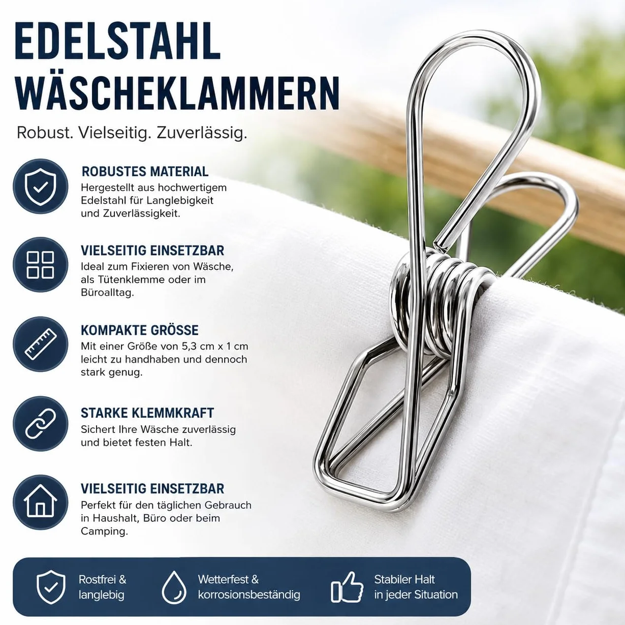 Lot de 200 pinces à linge en acier inoxydable - Pinces en métal inoxydable pour cordes à linge, serviettes, chaussettes, camping, ménage, restauration, pinces à notes, clips de fixation, coupe-vent