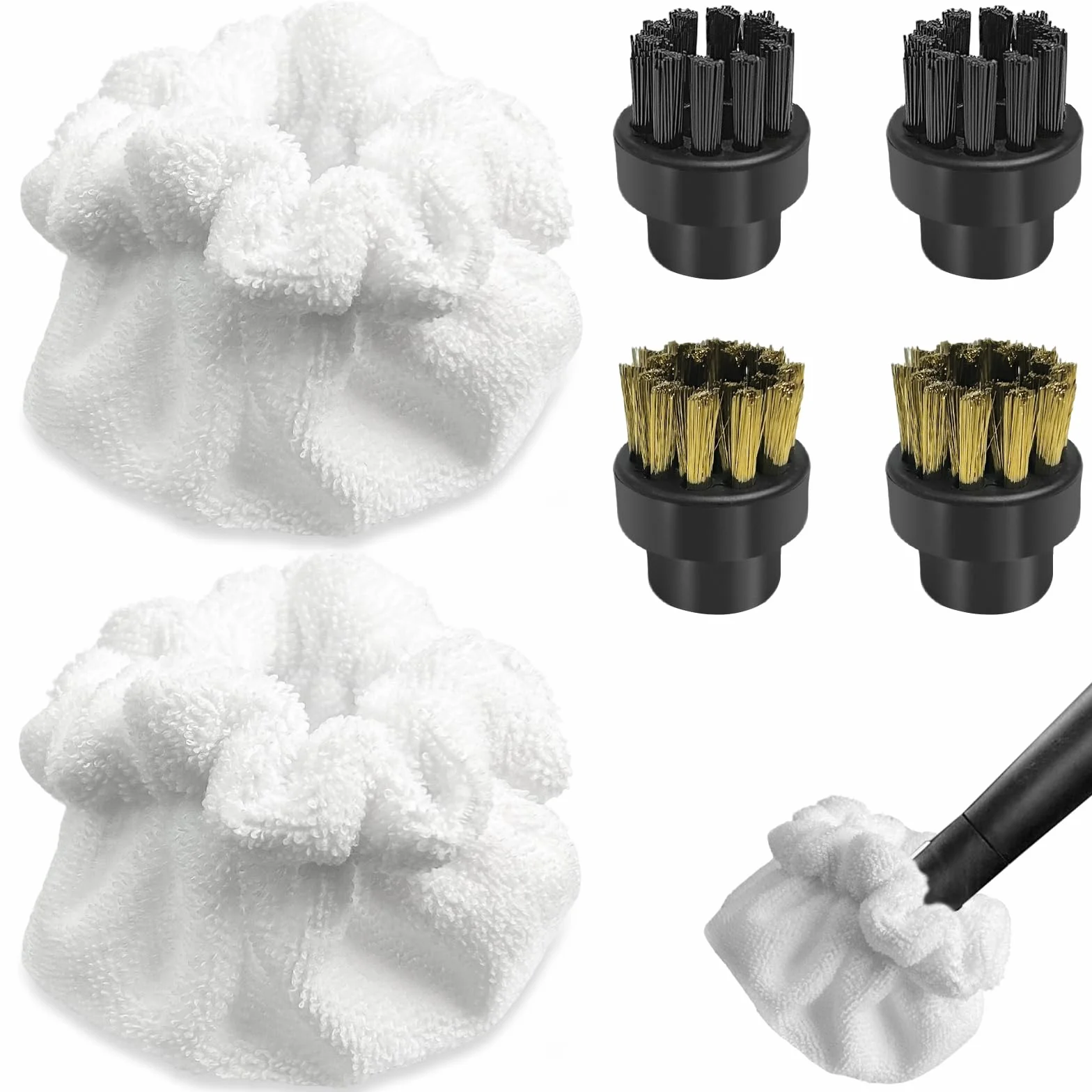 Lot de 6 accessoires pour nettoyeur vapeur Dupray - Brosses rondes cuivre noir - Housse tissu brosse triangulaire - Chiffons microfibre