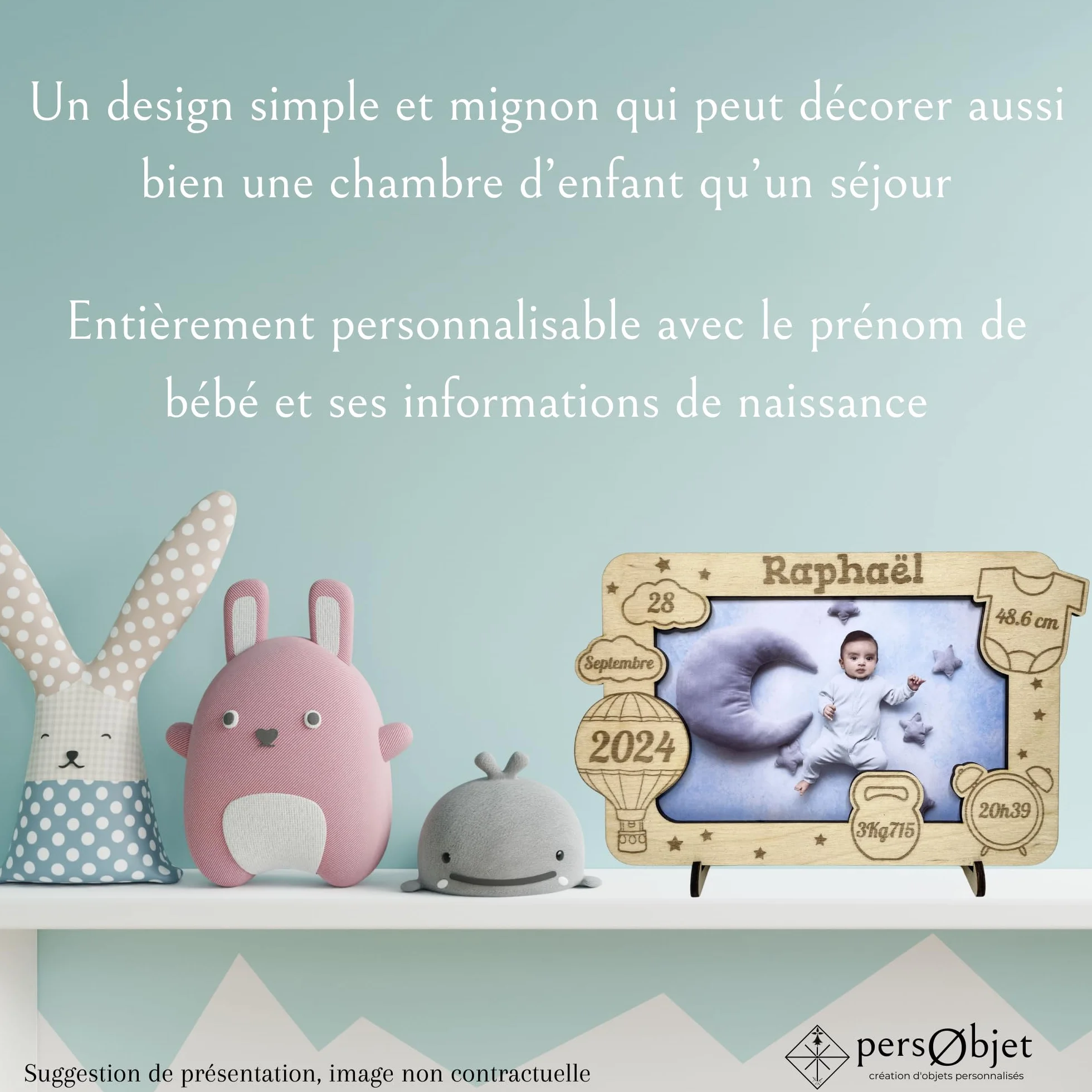 Cadre Photo Naissance Bois Personnalisable Montgolfière - Souvenir Bébé - Décoration Chambre Bébé