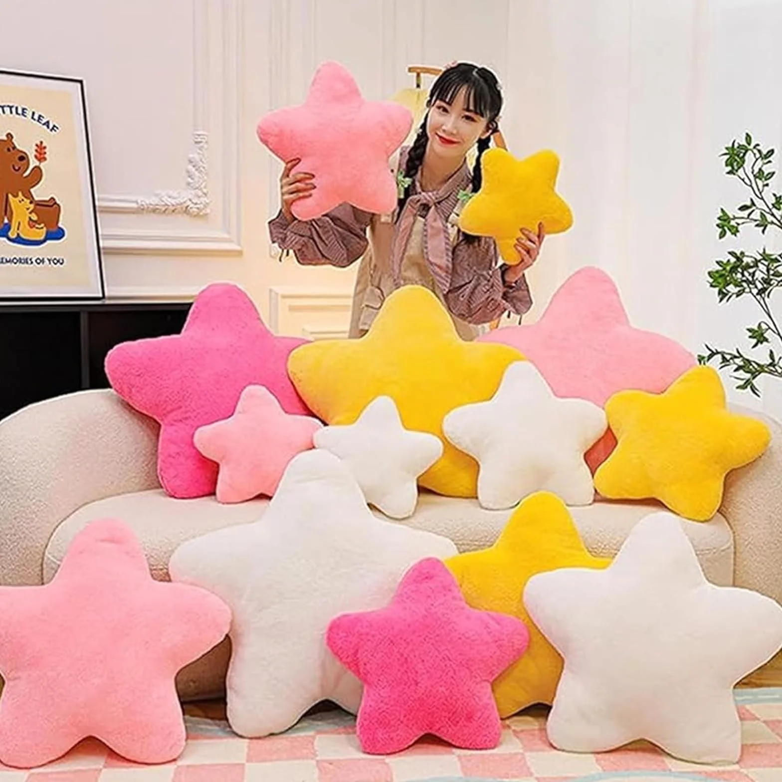 Coussin décoratif en forme d'étoile 30 cm rose clair peluche enfant