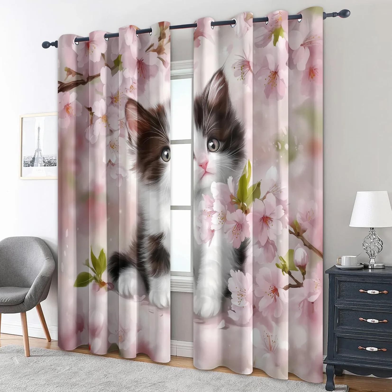 Rideau Occultant Chaton - Rideaux Thermiques à Oeillets - Rideau Imprimé Motif Chat Rose Fleuri pour Salon Chambre Fenetre - Lot de 2 Rideaux et Draperies Intérieurs - 117x183 cm (L x H)