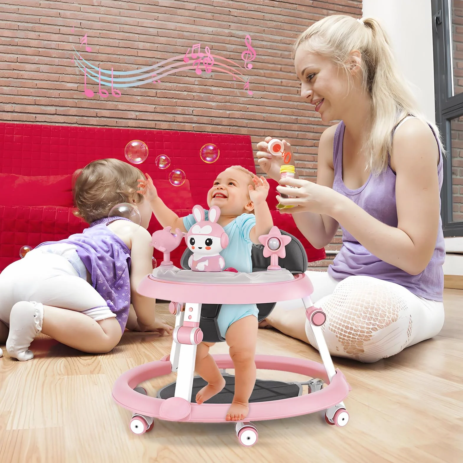 Trotteur Bébé Pliable Évolutif Réglable en Hauteur 7 Niveaux, Roues Silencieuses, Anti Basculement 6-18 Mois Rose