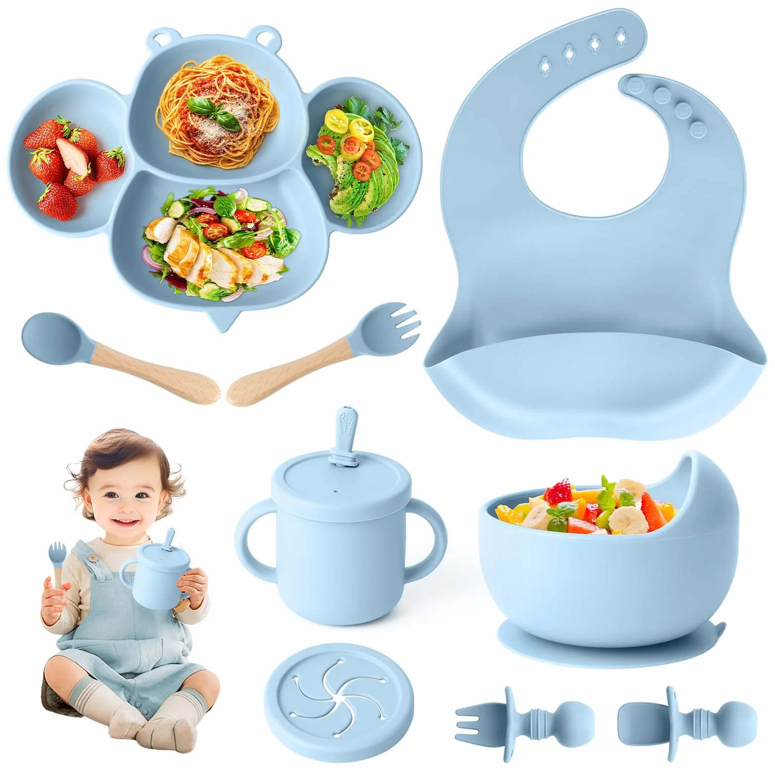 Set de Vaisselle Bébé en Silicone 8 Pièces Antidérapant avec Ventouse