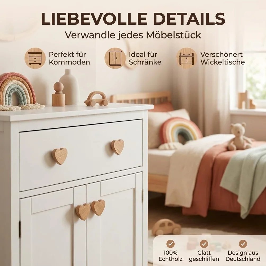 Lot de 12 boutons de meuble en bois en forme de cœur pour commodes