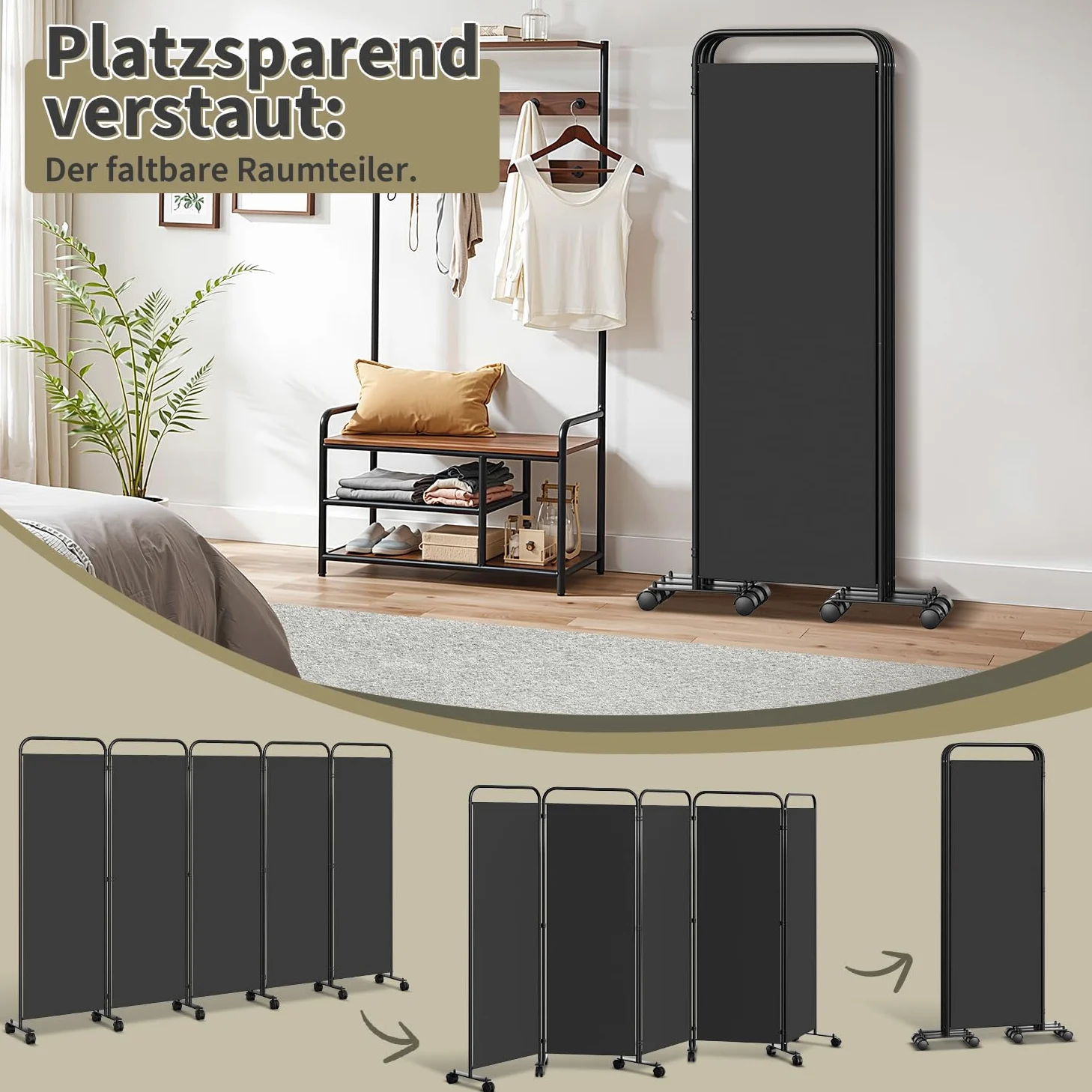 Paravent sur roulettes - 1 pièce - Pliable et autonome - Sur roulettes - Brise-vue - Pour jardin, bureau, terrasse - 185 x 180 x 30 cm - Anthracite