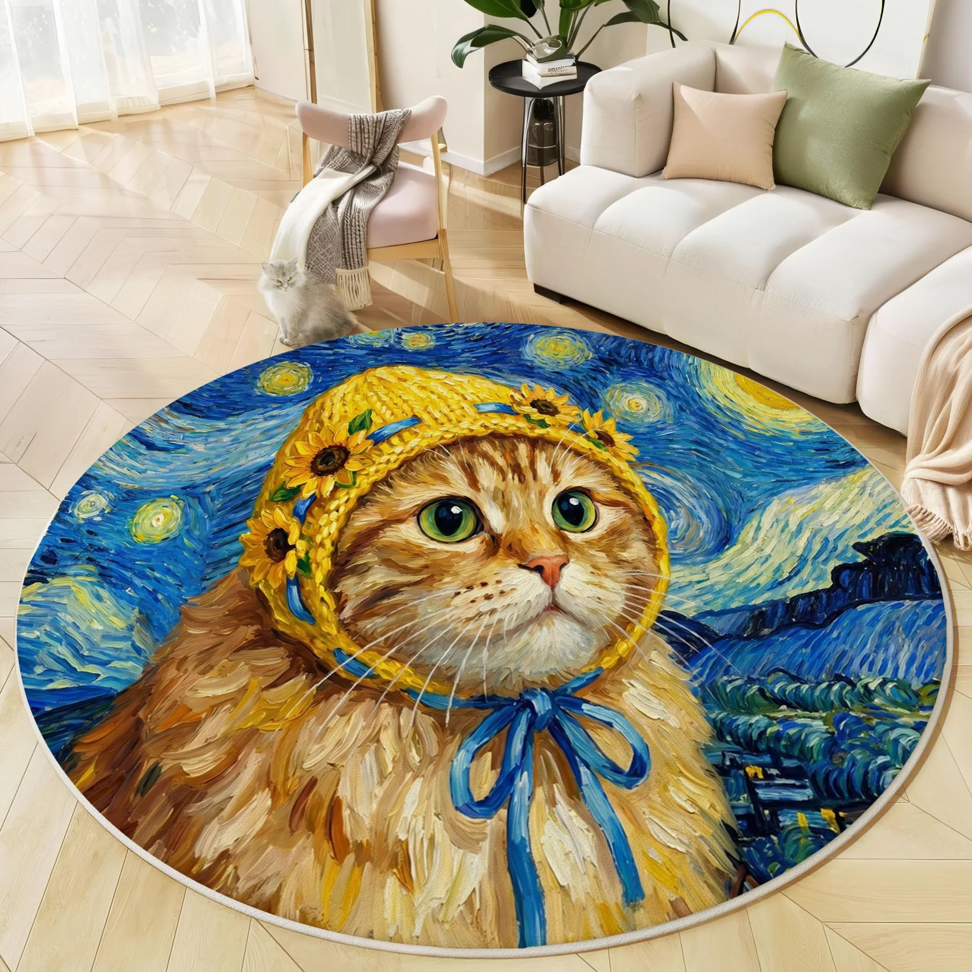 Tapis Rond Salon Lavable Peintures Humoristiques À L'Huile Animaux 100 Cm | Chats Ciel Étoilé Bleu Marine Tapis De Sol Décoration Antidérapant Pour Chambre Cuisine Salle À Manger