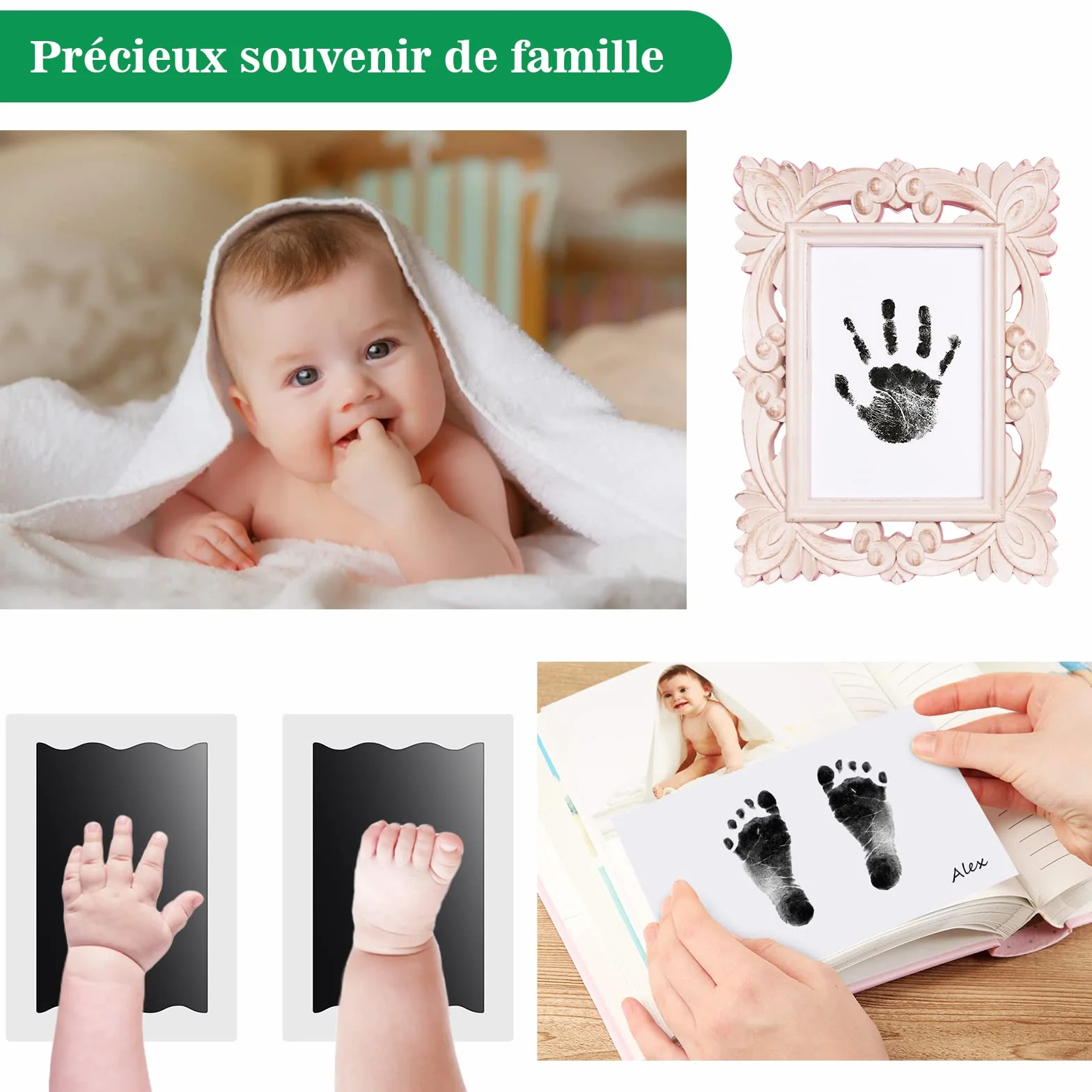 Nabance Kit Empreinte Bébé 0-12 Mois Pieds et Mains avec 2 Cadres Photo Souvenirs