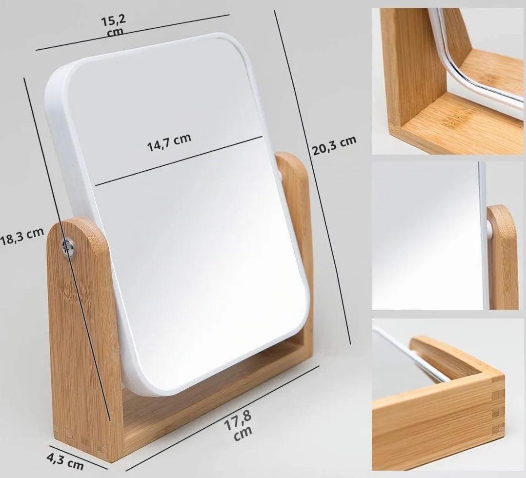 Miroir de Maquillage avec Support en Bambou Naturel, Double Face 1X/2X, Rotation 360°, Portable, Blanc