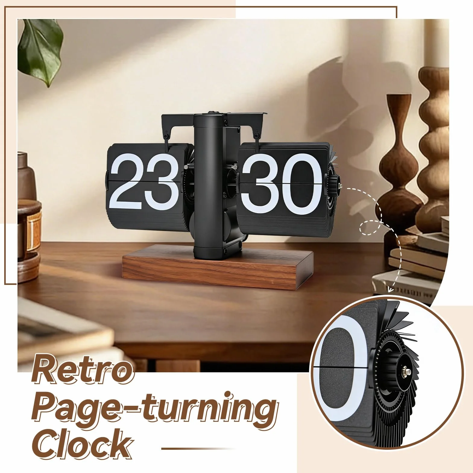 Horloge Flip Flap Retro Vintage Table Flip-Horloge 24 Heures Retro-Flip-Down Gros Chiffres Base Bois Blanc
