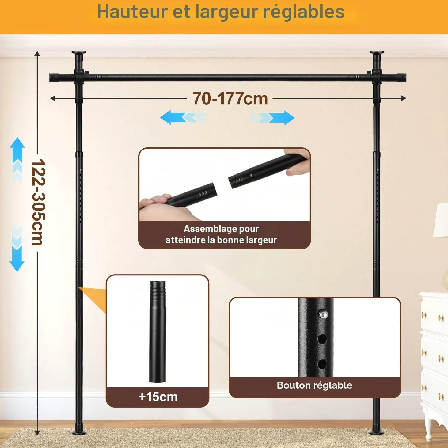 Paravent de séparation de pièce Jaxguom, tringle à rideaux, réglable de manière flexible sans perçage, L 70-177cm x H 122-305cm, paravent autoportant sans rideau, protection des regards pour salon