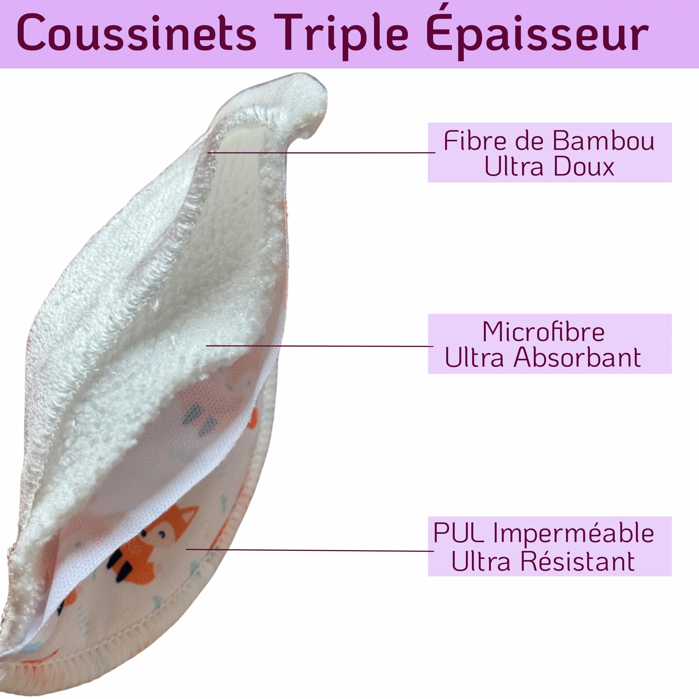 Coussinets d'allaitement lavables en fibre de bambou triple épaisseur ultra absorbants pack 20 + pochette étanche + filet de lavage