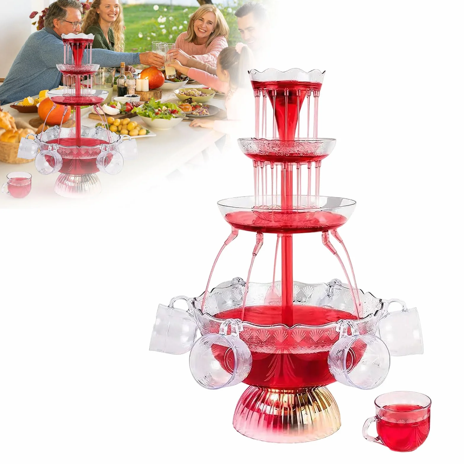 Fontaine de fête transparente à 3 niveaux 4 l avec gobelets réutilisables en acrylique socle éclairé LED