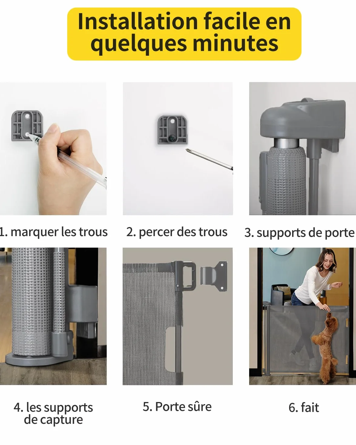 Barrière de Sécurité Rétractable Bébé Animaux 0-140cm Escaliers Couloirs Gris