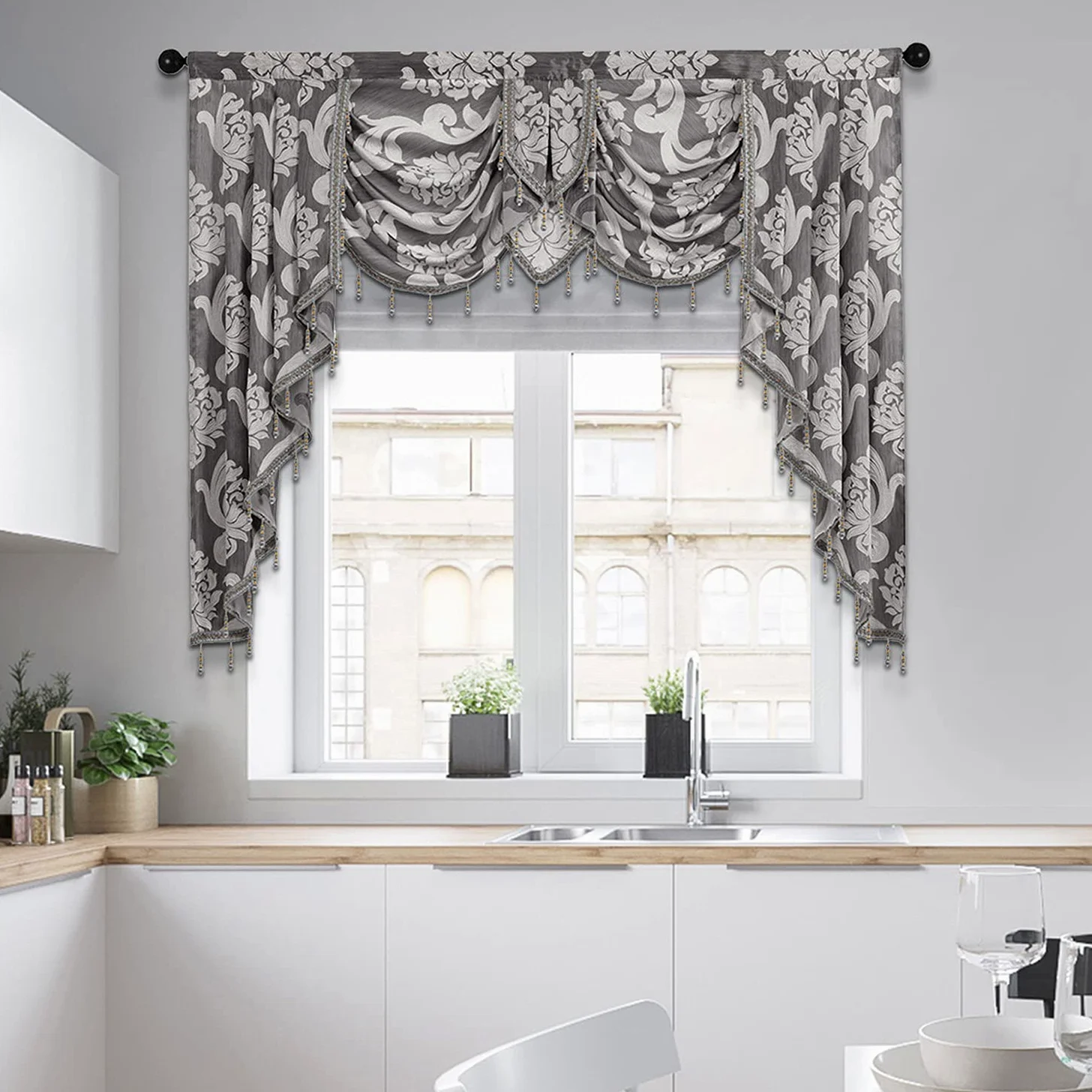 NAPEARL Cantonnières Grises pour fenêtres, Rideaux Jacquard Swag pour Salon, Rideaux Cascade damassés, cantonnière et guirlandes pour Chambre à Coucher, Cuisine (1 Panneau, 155 cm de Large)
