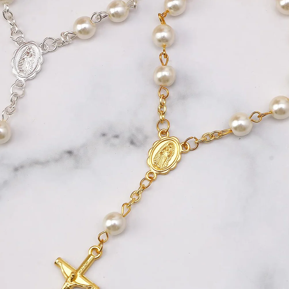 Baptême Mini Chapelet Ivoire Faux Perles Bracelet Croix