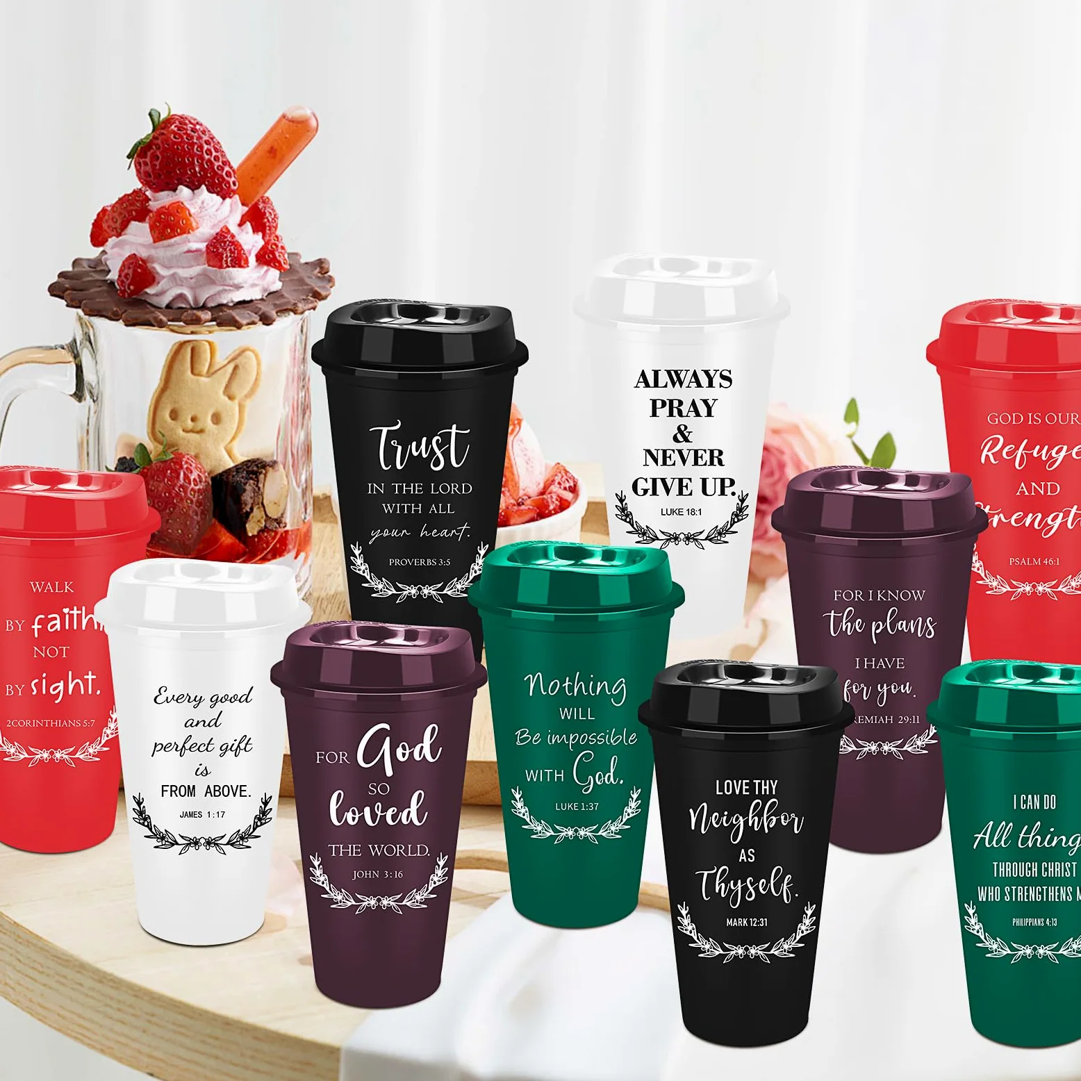 Lot de 40 tasses à café chrétiennes réutilisables de 473,6 g, verset de la Bible religieux en plastique avec couvercles, tasse à café de voyage pour boissons froides, cadeaux chrétiens pour homme et