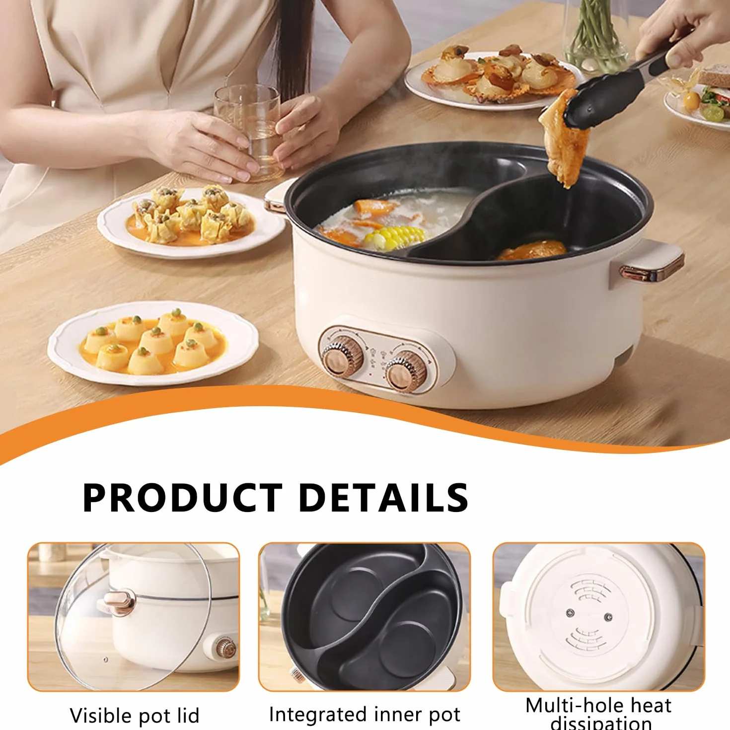 Hot pot électrique 7,5 L Double Récipient 1600 W Mijoteuse multifonctionnel