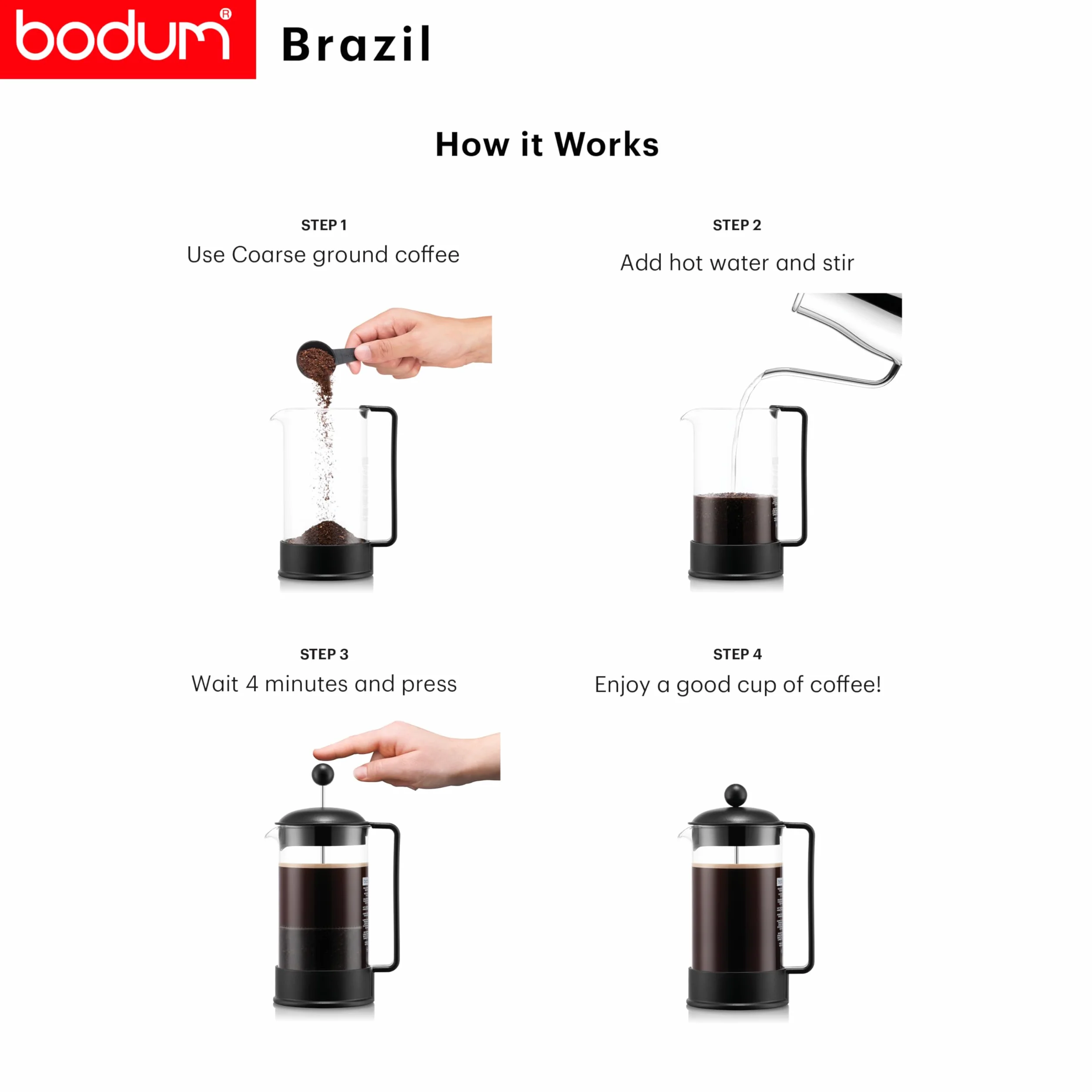 Bodum Cafetière à Piston Brazil 1L Verre Résistant Filtre Acier INOX