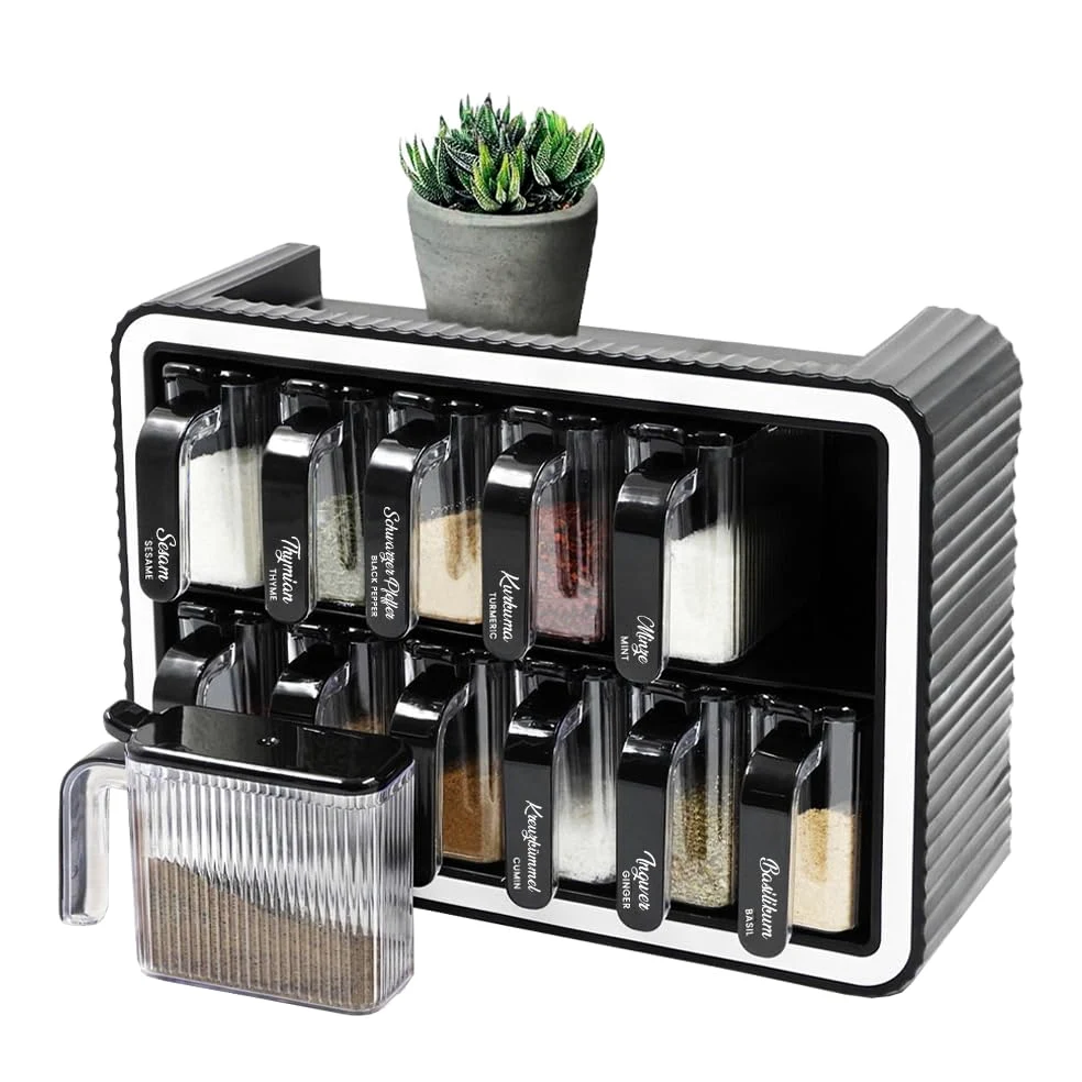 Kulplus Lot de 12 pots à épices avec support, autocollants, avec poignée et cuillère, sans BPA, pour cuisine et plan de travail, 300 ml