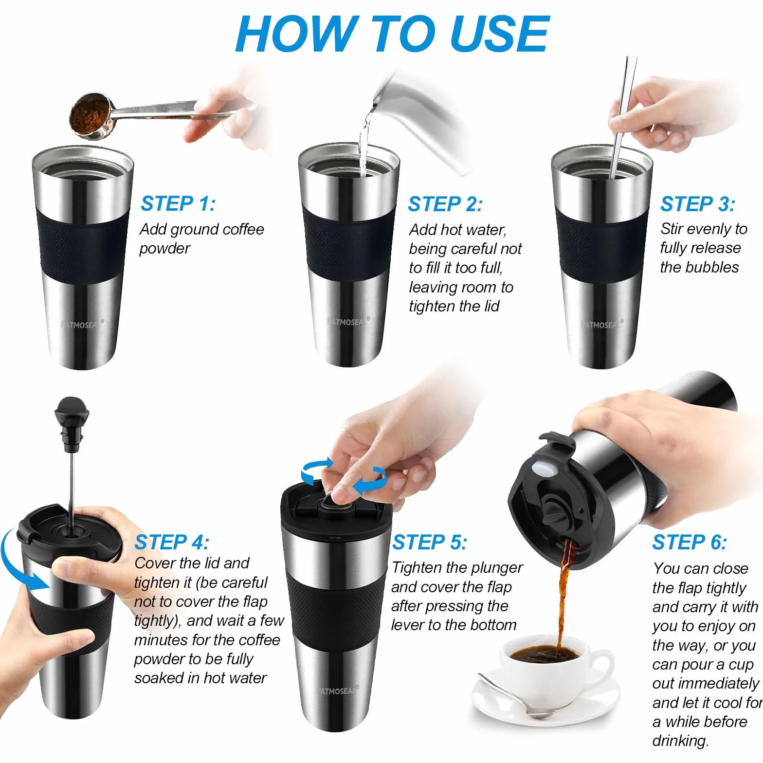 Tasse de voyage isotherme à piston étanche 450 ml argenté – Cafetière portable sous vide 3 tasses
