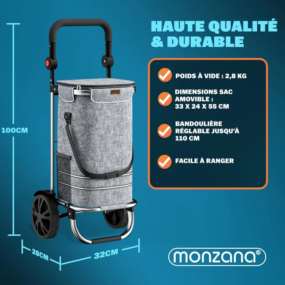 MONZANA Chariot de courses pliable 56 litres 3en1 gris isotherme