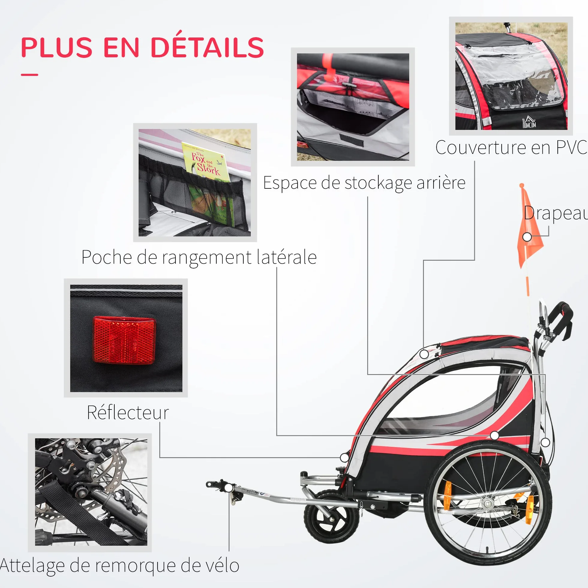 HOMCOM Remorque vélo enfant 2 en 1 convertible jogger poussette 26,4 kg 2 places