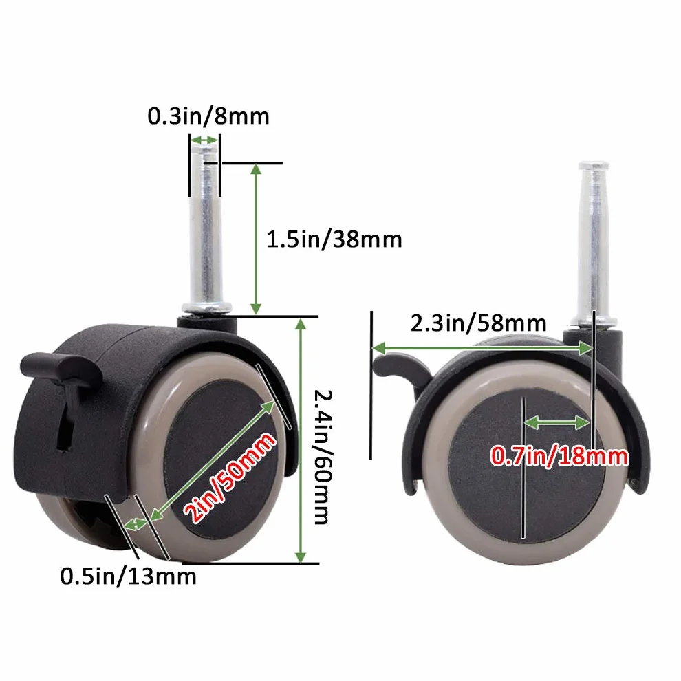 Roulettes de Lit d'enfant en Caoutchouc 4x Roulettes Pivotantes avec Frein, Charge 265lb, Silencieux, Tige M8x38mm