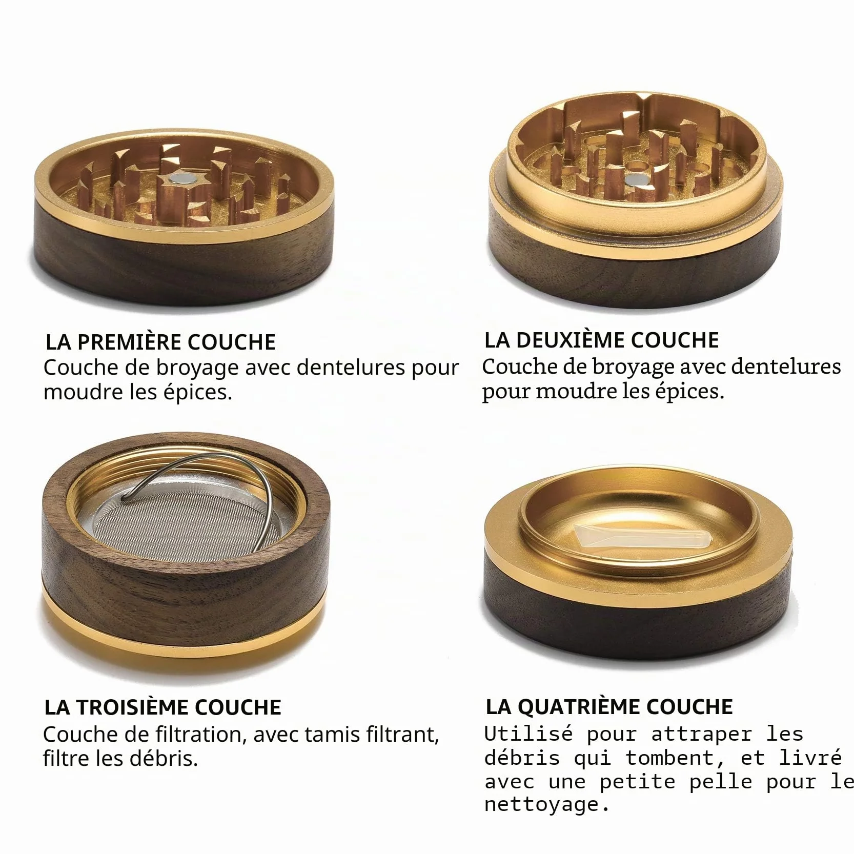 Moulin à épices en bois collecteur de pollen 4 pièces 2,5 pouces avec couvercle magnétique