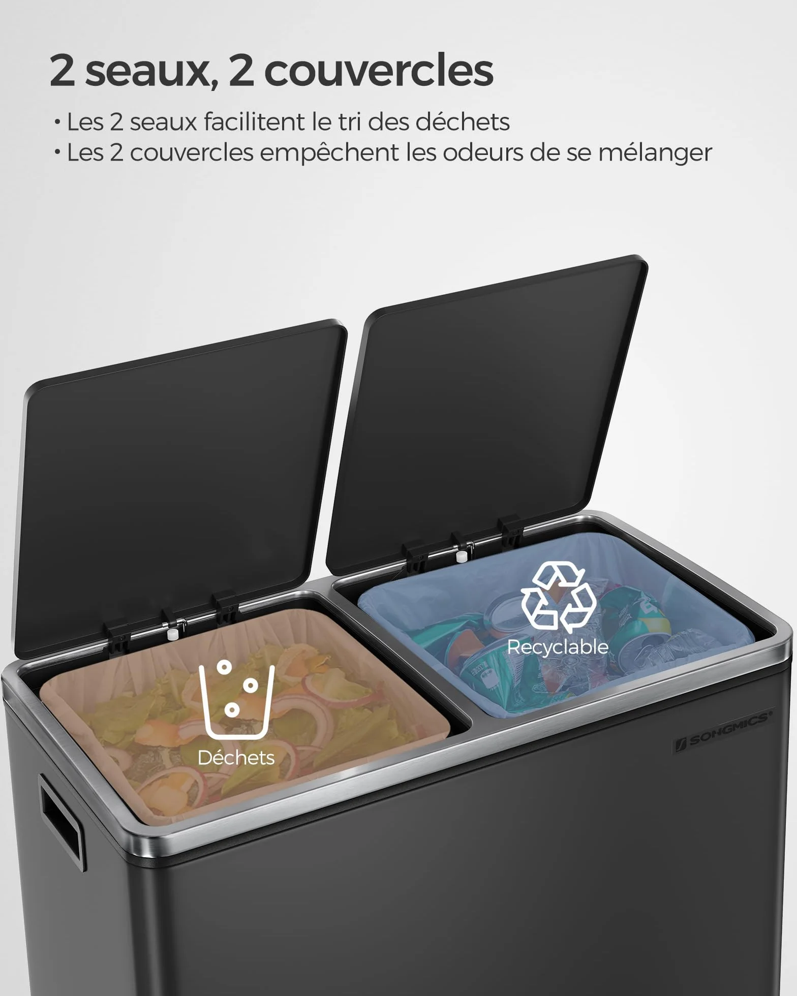SONGMICS Poubelle Cuisine Tri Sélectif 2 x 30L, Seaux Plastique avec Pédales Métal, Noir LTB60BK