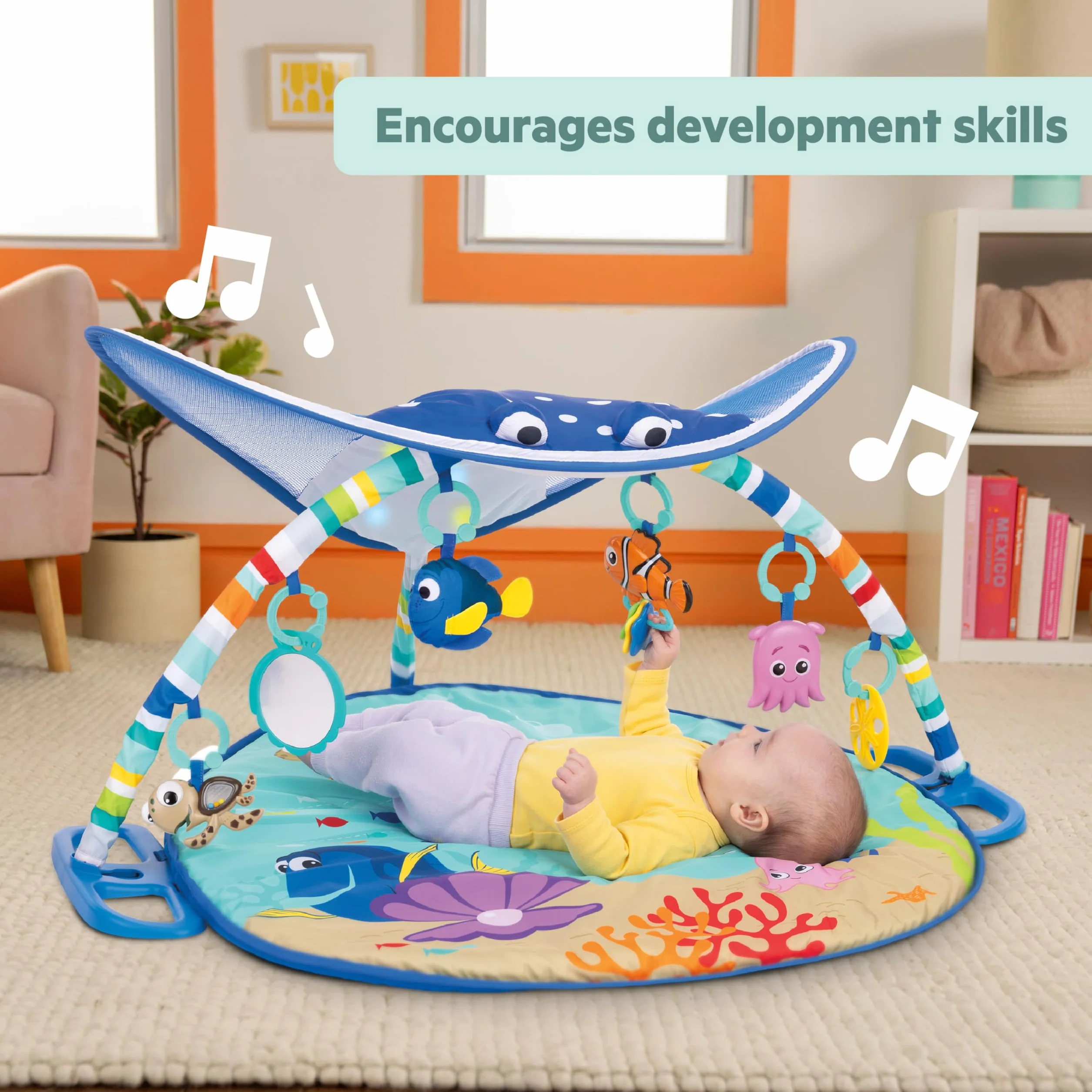 Bright Starts Disney Baby Tapis d’Eveil le Monde de Némo Mr. Ray Ocean Lights, Lumières et Mélodies, Marionnette à Doigts Dory