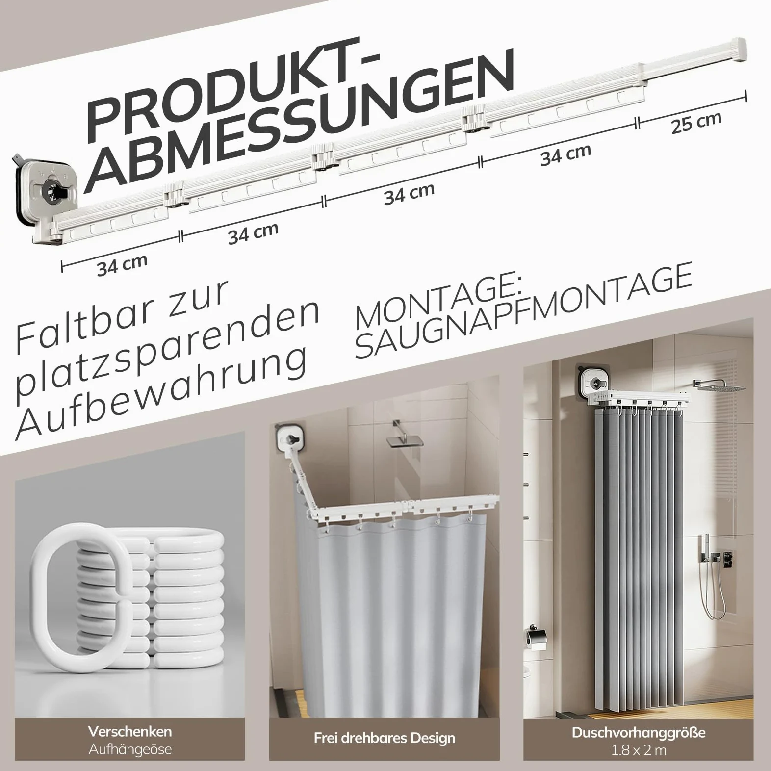 Rideau De Douche Sans Perçage, Tringle à Rideau De Douche Pliable Avec Ventouses, Rideau Douche (1,8x2m), Tige d'Angle avec Anneaux, pour Salles de Bain, Baignoire, Vestiaires(4 Plis)