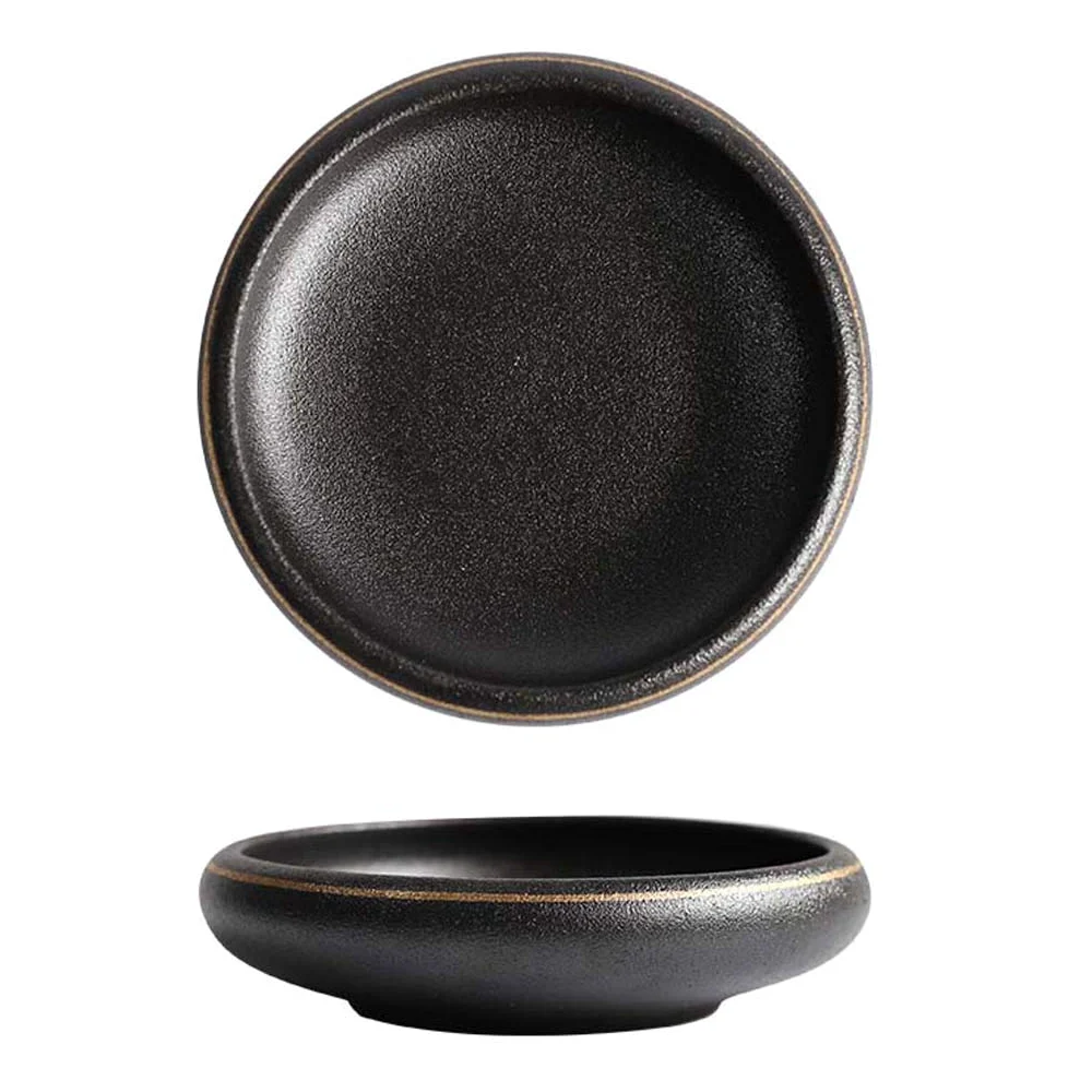 Ensemble bol et assiette japonais en céramique noire et dorée - Bol profond à salade et à nouilles - Plat de service créatif idéal pour le petit déjeuner et la maison