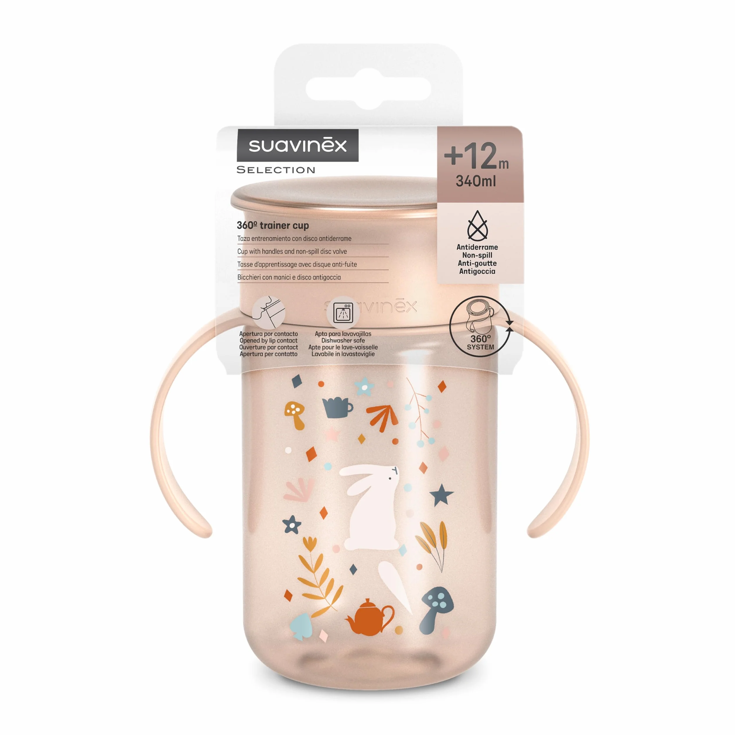 Suavinex Tasse Apprentissage Bébé Magic Cup 360° Antifuite 340 ml Rose +12 Mois