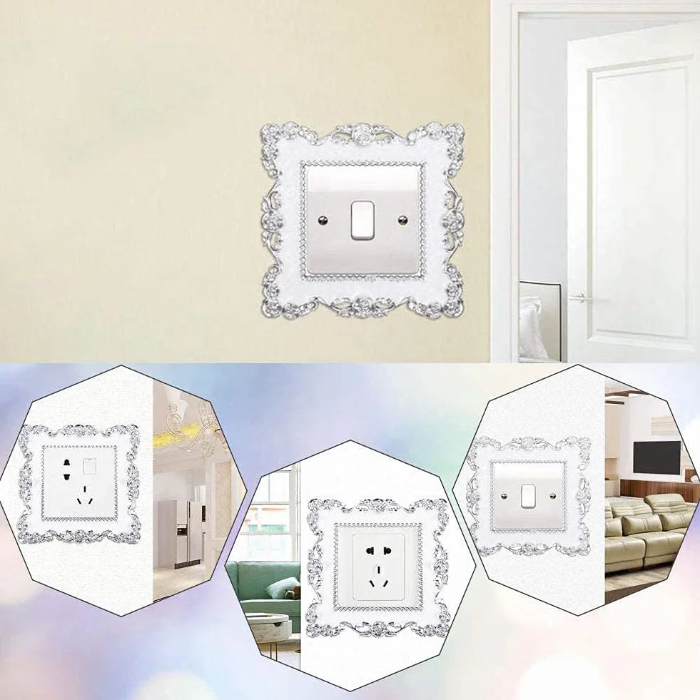 LATRAT Lot de 4 autocollants de luxe pour interrupteur 155 mm x 86 mm Fleurs blanches argentées Décoration murale