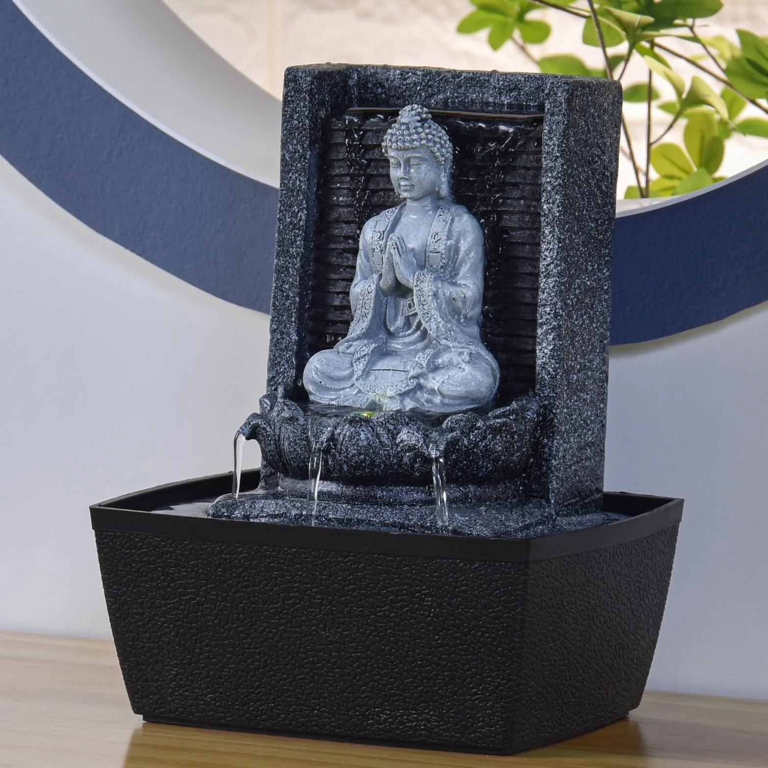Fontaine d'Intérieur Bouddha Mur d'Eau Cascade Lotus Lumière LED Blanc Déco Zen Salon Chambre Feng Shui H 26cm