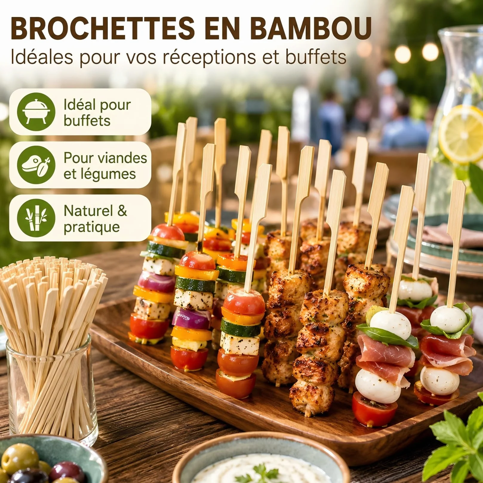 Pics Brochette en Bambou 15 cm Lot de 100 Bâtonnets Naturels Barbecue Cocktail